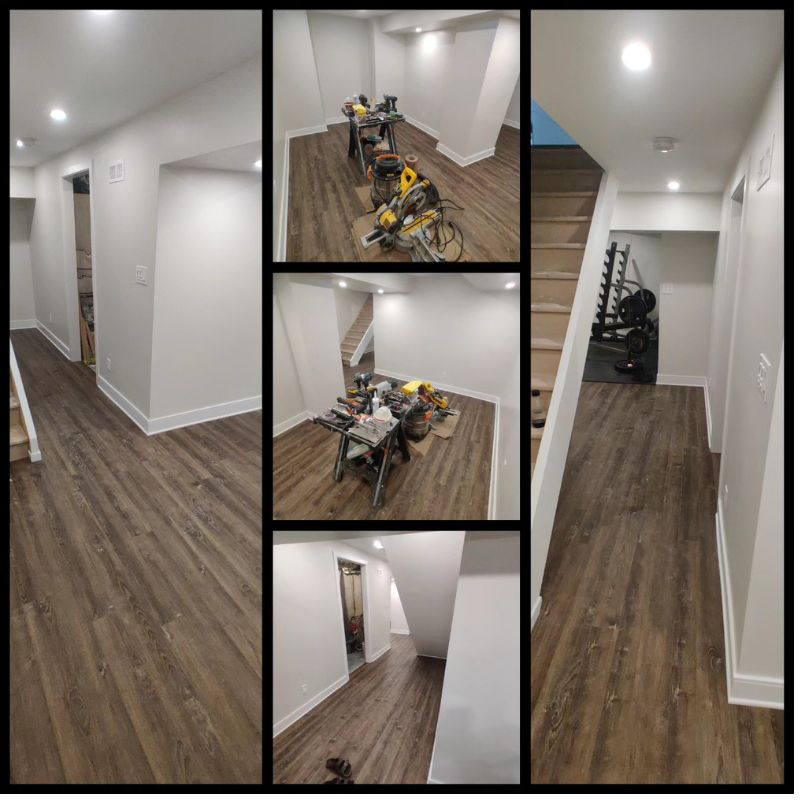 Professional basement flooring and baseboard installation in Burlington. High-quality vinyl plank and trim work.