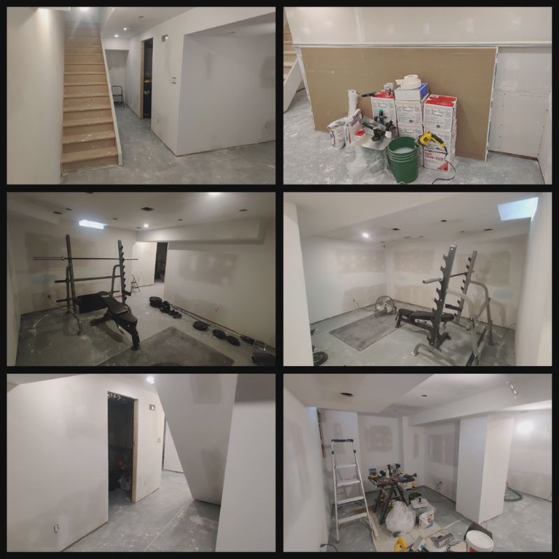 Professional basement mudding and drywall taping in Burlington. Large scale basement renovation project