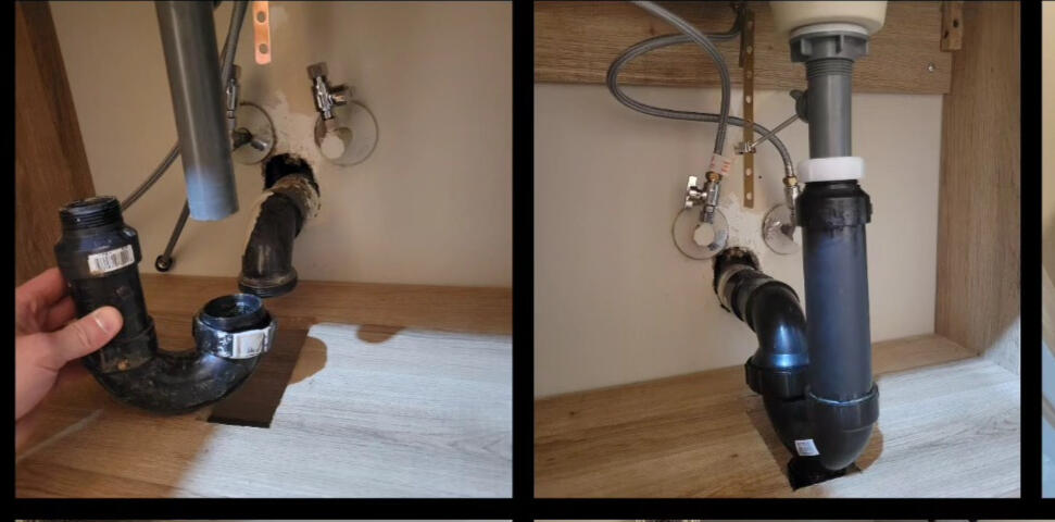 Before and after comparison of a sink drain pipe repair by Bespoke Handyman, serving Oakville, Burlington, and Mississauga. Left side shows a disconnected P-trap, right side shows the professional installation and fix.