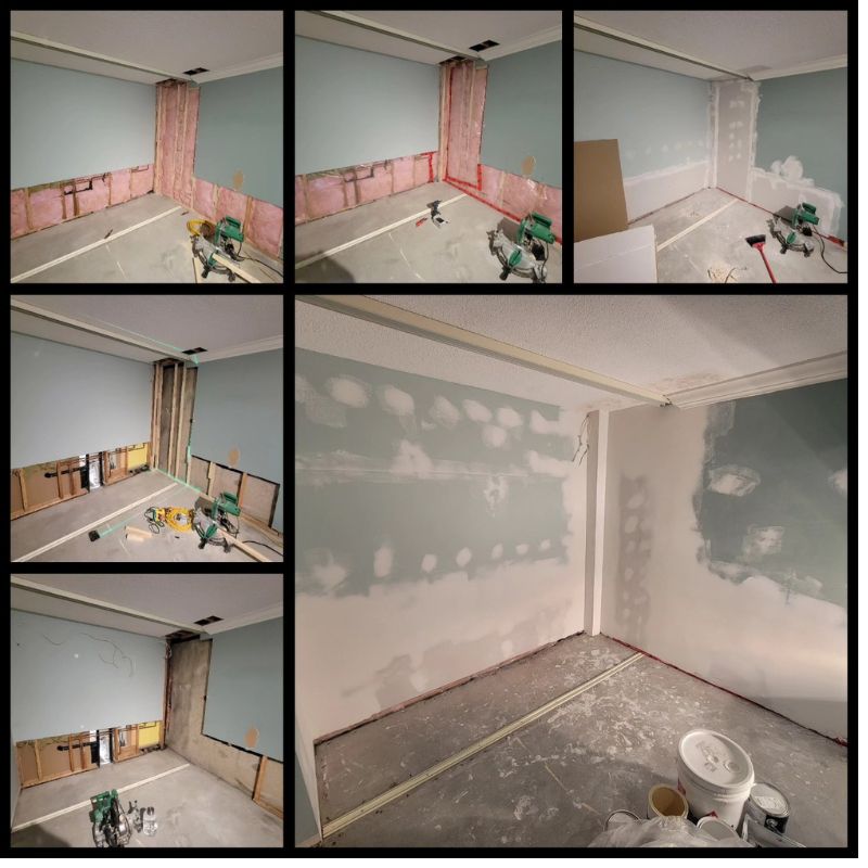 Complete wall repair and drywall restoration in Oakville. Before and after framing, insulation, and mudding.