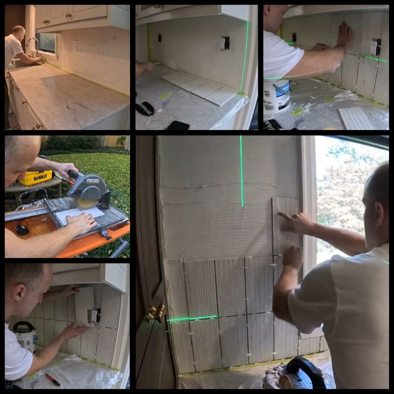 Professional tile contractor using a laser level for kitchen backsplash tile installation in Oakville.