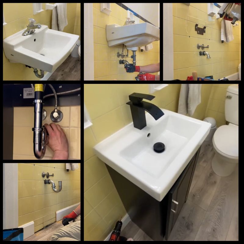Replacing an old pedestal sink with a functional dark wood vanity and waterfall faucet in Oakville.