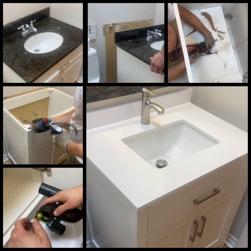 Handyman connecting a P-trap plumbing hookup and applying silicone sealing for a new bathroom vanity.