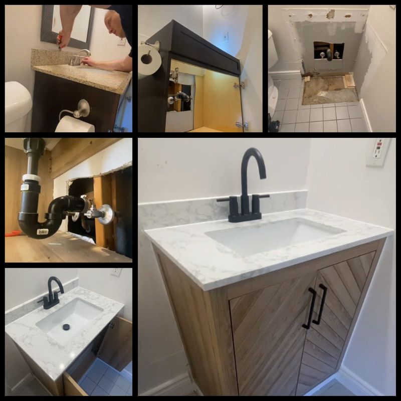 A professional handyman performing a bathroom vanity replacement in Oakville featuring a chevron oak wood cabinet and marble top.