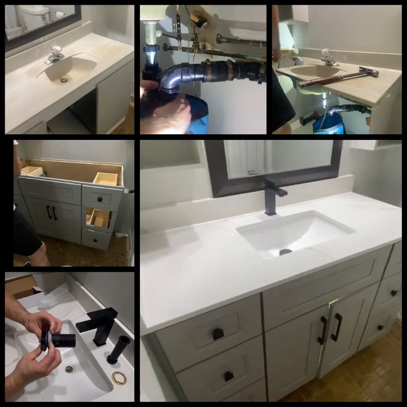 Bespoke Handyman installing a grey shaker-style vanity with a white countertop and black hardware.