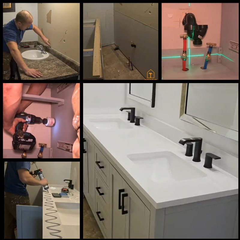 Expert installation of a modern bathroom double sink vanity in Oakville, Ontario, utilizing professional laser leveling for a perfect, seamless finish.
