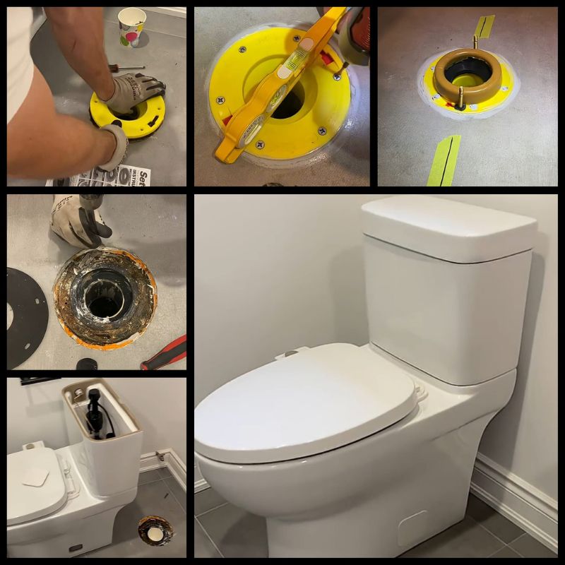Professional toilet flange repair and precision installation using a level by a contractor in Oakville.