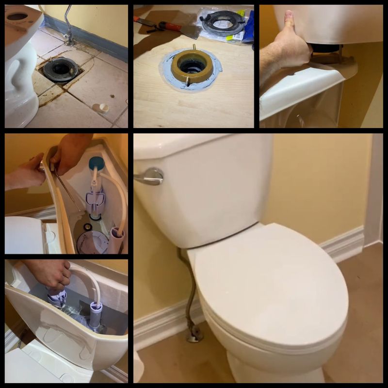 Collage showing professional toilet installation and repair steps by an Oakville handyman, from flange prep to finished toilet.