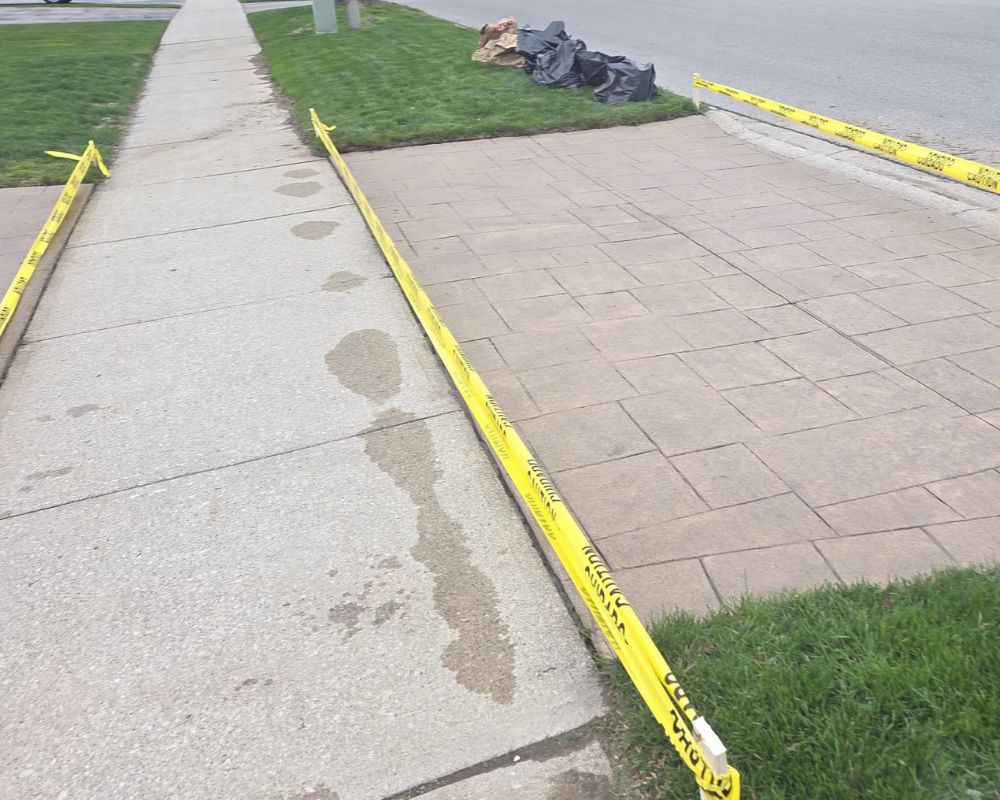 A high-quality driveway sealing Oakville service in progress. This photo demonstrates our attention to detail, using caution tape to protect the freshly applied sealant on residential concrete surfaces in the Oakville area.
