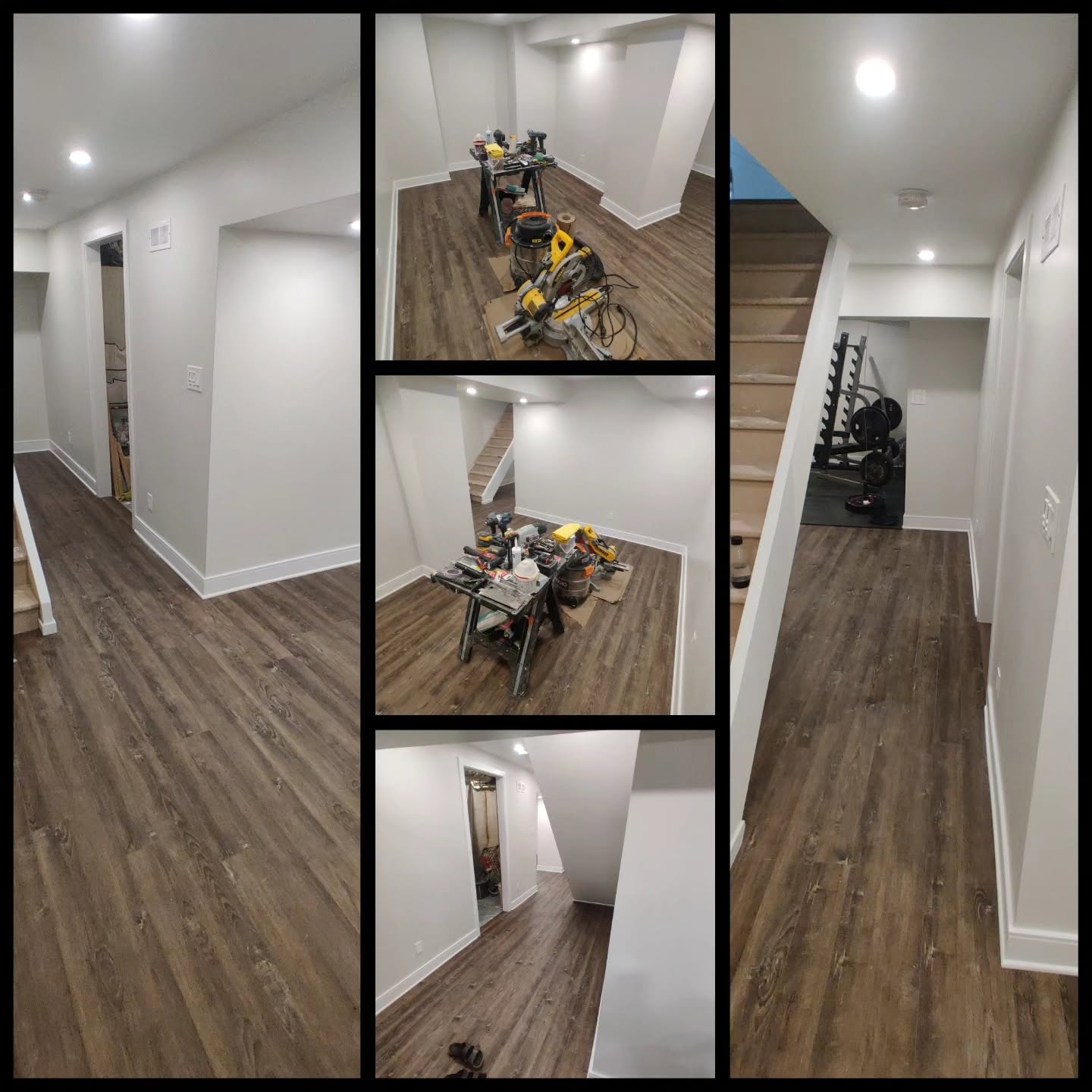 Newly installed wood-look luxury flooring and crisp white baseboards in an Oakville custom basement renovation.