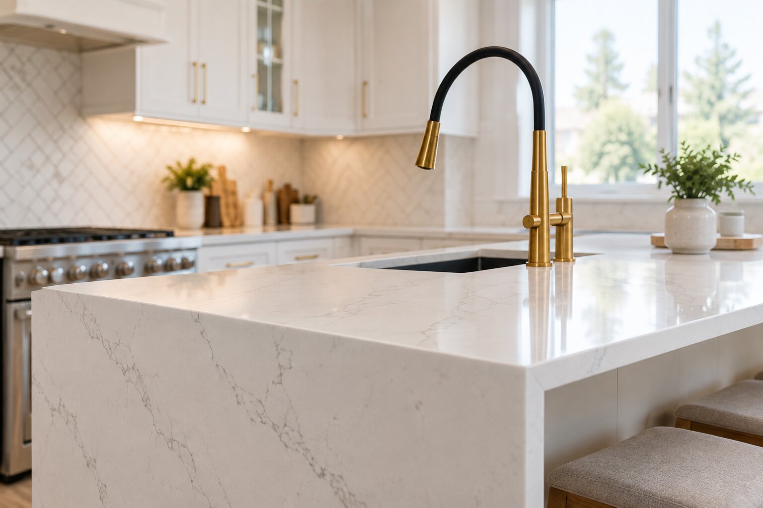 Quartz waterfall island with modern brass faucet installed during a custom kitchen remodeling in Oakville.