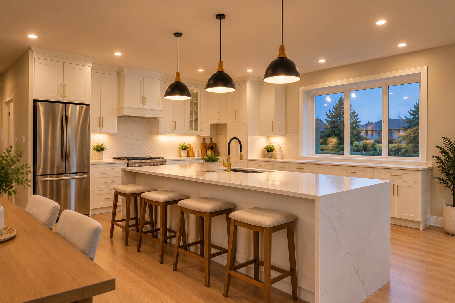Modern pendant lights and pot light installation in a renovated Oakville kitchen space.