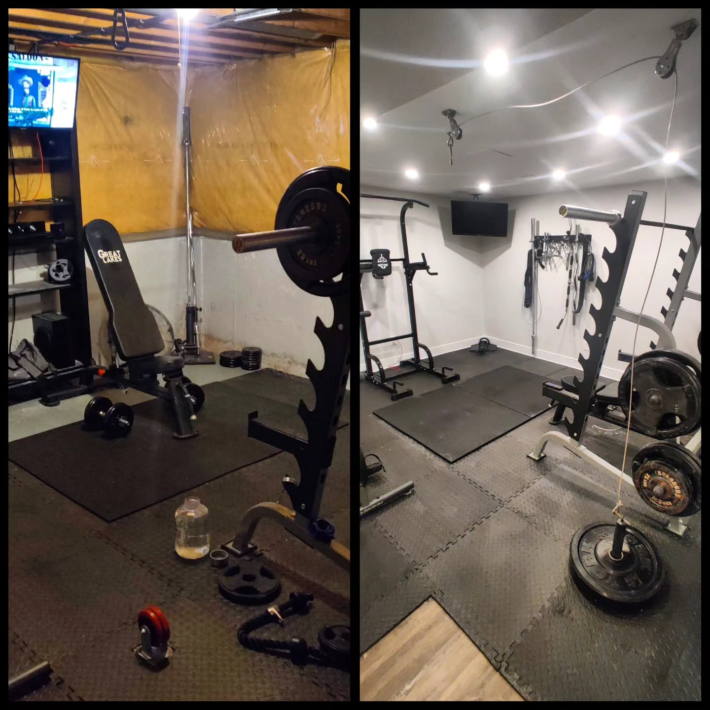 Before and after comparison of an unfinished basement transformed into a bright, custom home gym in Oakville.