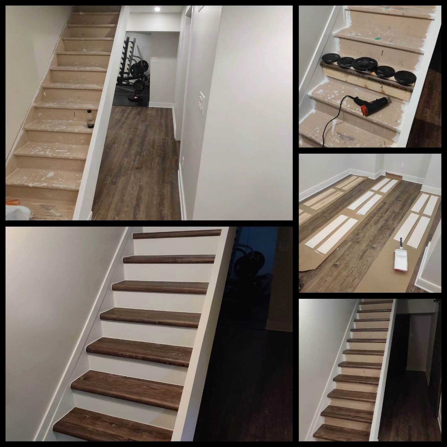Custom basement staircase remodeling in Oakville featuring stained wood treads and white painted risers.