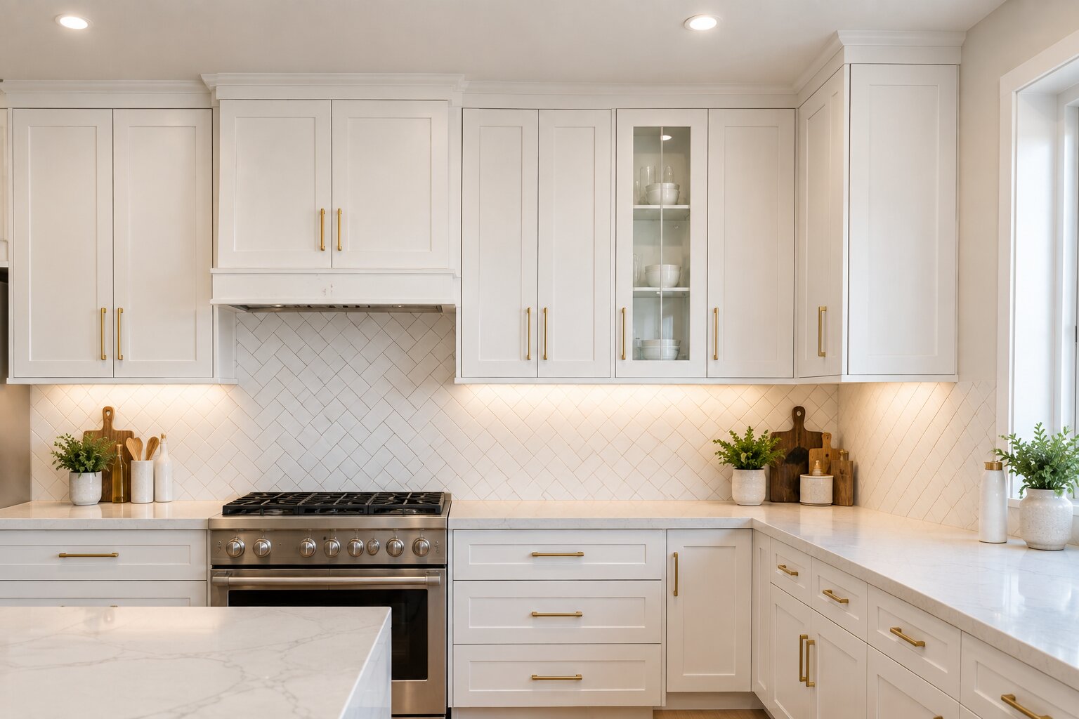 Custom tile backsplash and painted cabinetry installation in an Oakville kitchen renovation project.