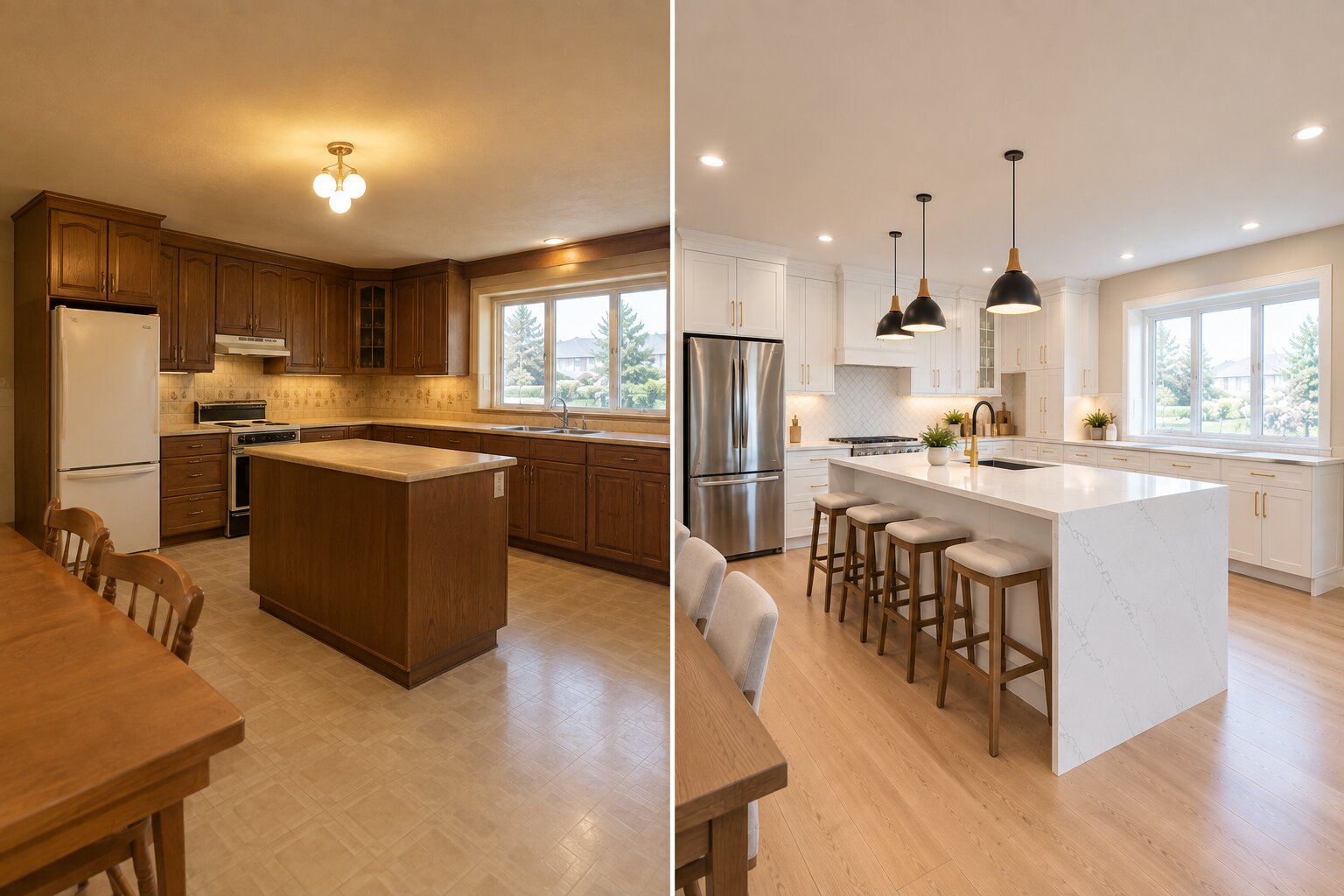 Before and after comparison of an outdated Oakville kitchen transformed into a modern luxury space.