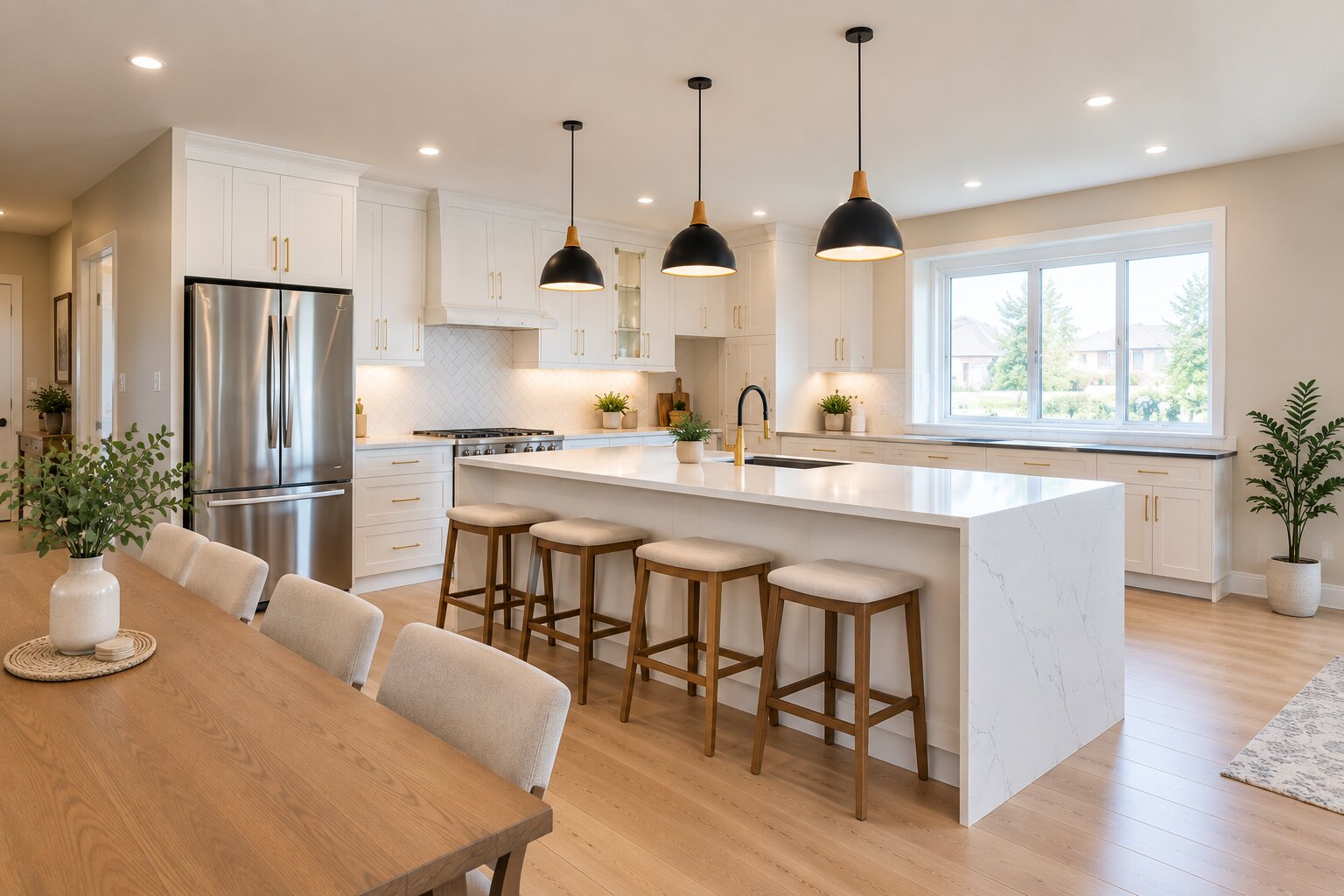 Open-concept luxury kitchen renovation in Oakville featuring custom white cabinets and quartz island, built by Phil at Bespoke Handyman.